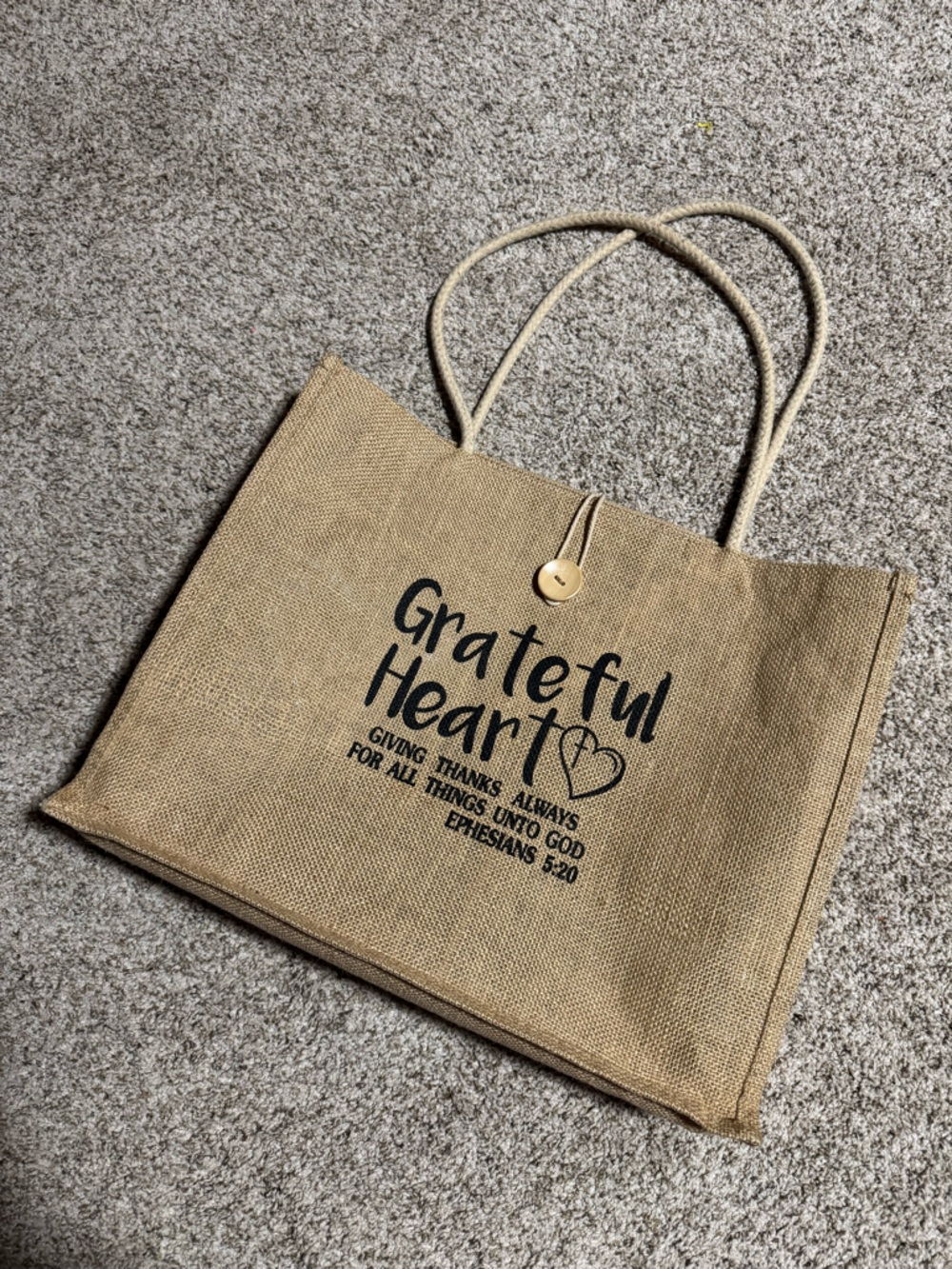 Grateful Heart Burlap Tote Bag with Button Closure